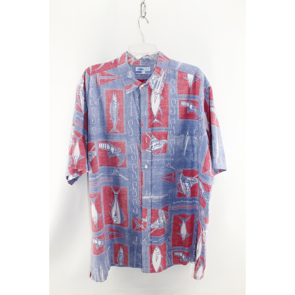 VTG Blue Water Wear AFTCO Button Up Shirt Mens XXL Blue Fish Print USA Made